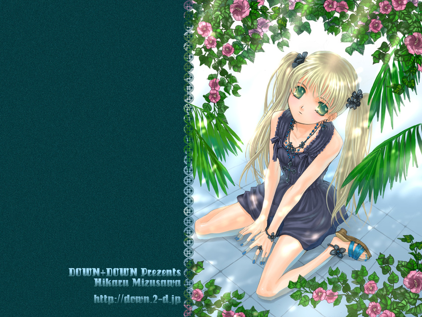 anklet artist_name bangs bare_shoulders between_legs black_dress blonde_hair blue_nails bracelet breasts clog_sandals closed_mouth cross cross_necklace dress flip-flops green_eyes hair_ornament hand_between_legs highres jewelry long_hair looking_at_viewer mizusawa_hikaru nail_polish necklace original plant ring sandals shallow_water short_dress sitting sleeveless sleeveless_dress small_breasts solo sunlight tile_floor tiles toenail_polish twintails v_arms wallpaper wariza watermark web_address