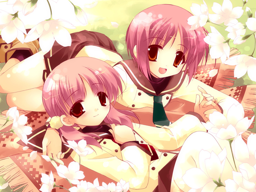 akino_momiji blush cherry_blossoms flower hand_on_own_chest highres holding_hands kiriyama_sakura long_hair long_sleeves looking_at_viewer lying minazuki_haruka miniskirt multiple_girls necktie outdoors petals pink_hair red_eyes sakura_musubi school_uniform short_hair skirt smile twintails wallpaper