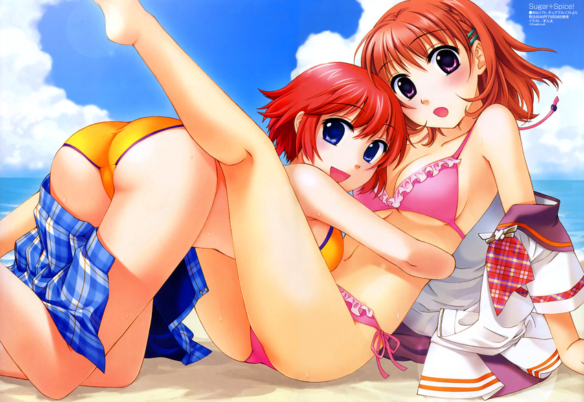 absurdres ass beach bikini blue_eyes blush brown_hair day ginta haruse_uta highres multiple_girls outdoors pink_eyes pure_x_cure red_hair smile sugar+spice! swimsuit tachibana_karin undressing