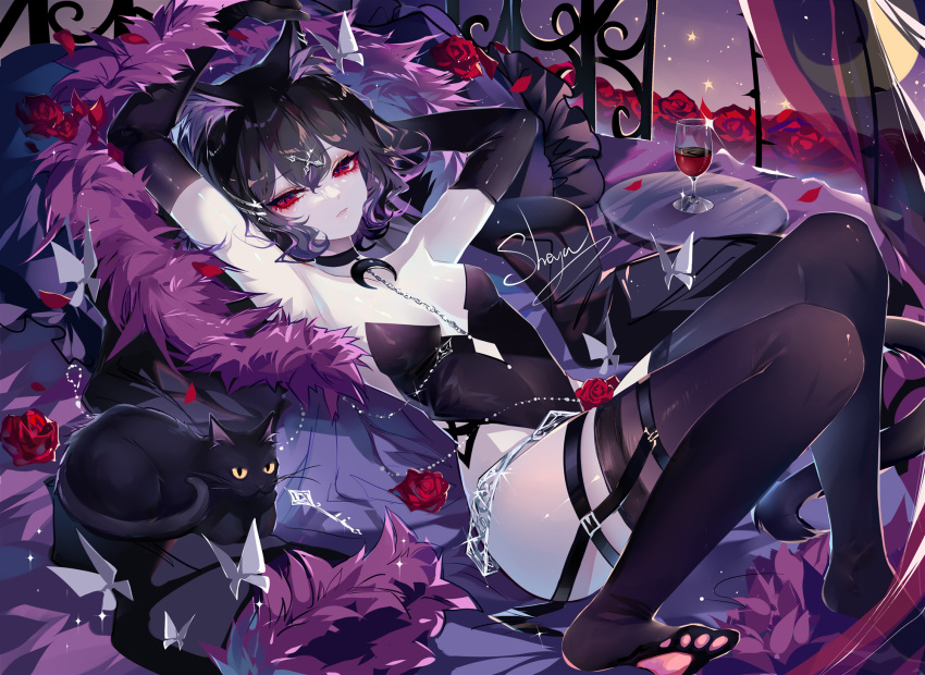 1girl alcohol animal_ears armpits arms_up artist_name bare_shoulders black_cat black_gloves black_hair black_legwear black_leotard cat cat_ears commentary_request cupping_glass elbow_gloves feather_boa flower french_commentary gloves highres leotard lying no_shoes on_back original petals red_eyes red_flower red_rose rose rose_petals sheya short_hair signature solo thighhighs thighs wine