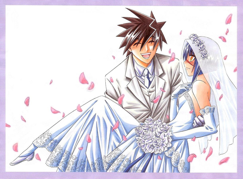 1girl blue_hair bob_cut bouquet bridal_veil bride busou_renkin couple dress elbow_gloves facial_scar flower formal gloves good_end happy hetero mutou_kazuki nose_scar petals rose scar short_hair smile suit tsumura_tokiko veil watsuki_nobuhiro wedding wedding_dress white_flower white_rose