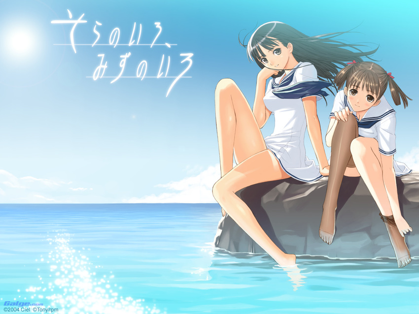 barefoot black_hair blush cloud day dress galge.com legs long_hair mizushima_asa multiple_girls outdoors sailor_dress school_uniform serafuku sitting sky smile soaking_feet sora_no_iro_mizu_no_iro sorayama_natsume sun tanaka_takayuki thighhighs twintails undressing wallpaper water wind