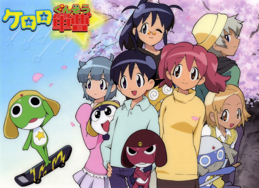 4girls angol_mois artist_request cherry_blossoms dororo_(keroro_gunsou) everyone giroro highres hinata_aki hinata_fuyuki hinata_natsumi keroro keroro_gunsou kururu_(keroro_gunsou) long_sleeves multiple_boys multiple_girls nishizawa_momoka saburo_mutsumi tamama