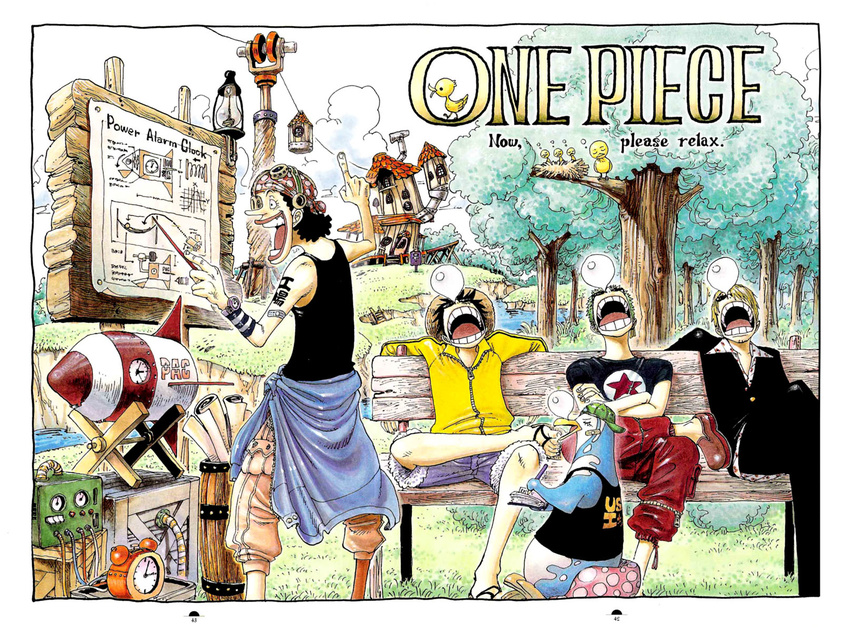 arm_tattoo bare_shoulders bench bird black_hair blonde_hair border clock copyright_name day full_body green_hair hat highres male_focus monkey_d_luffy multiple_boys oda_eiichirou one_piece outdoors park park_bench penguin plant roronoa_zoro sanji shaded_face sign sitting sleeping sleeveless spiked_hair standing tank_top tattoo tony_tony_chopper tree usopp