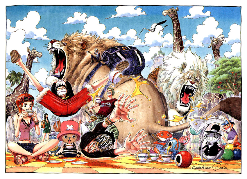 3boys blue_sky cloud day eating fangs full_body hat highres hunting indian_style monkey_d_luffy monster multiple_boys multiple_girls nami_(one_piece) nico_robin oda_eiichirou one_piece open_mouth outdoors pink_hat ponytail red_hair roronoa_zoro sanji scared sharp_teeth sitting sky spread_legs teeth tony_tony_chopper usopp