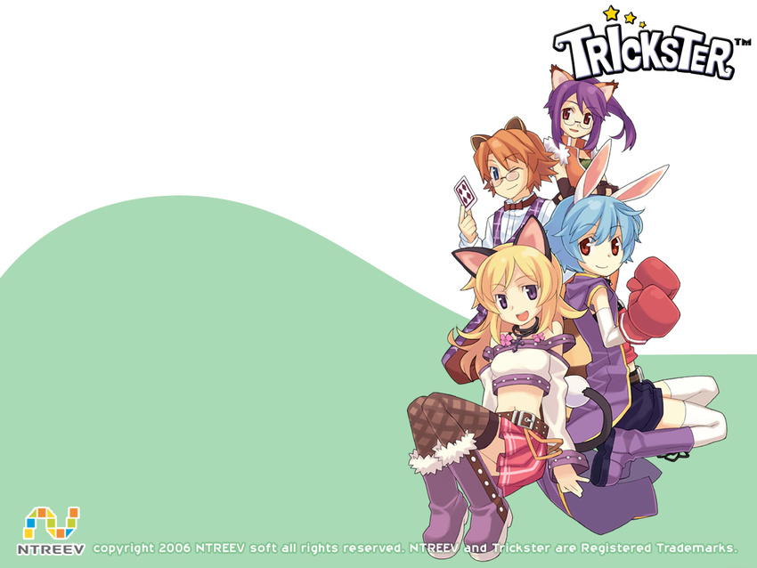 animal_ears artist_request blonde_hair blue_eyes blue_hair boots brown_hair bunny_(trickster) bunny_ears bunny_tail cat_(trickster) cat_ears cat_tail fox_(trickster) fox_ears glasses midriff multiple_girls one_eye_closed purple_eyes purple_hair raccoon_(trickster) raccoon_ears red_eyes shorts skirt tail thighhighs trickster wallpaper white_legwear zettai_ryouiki