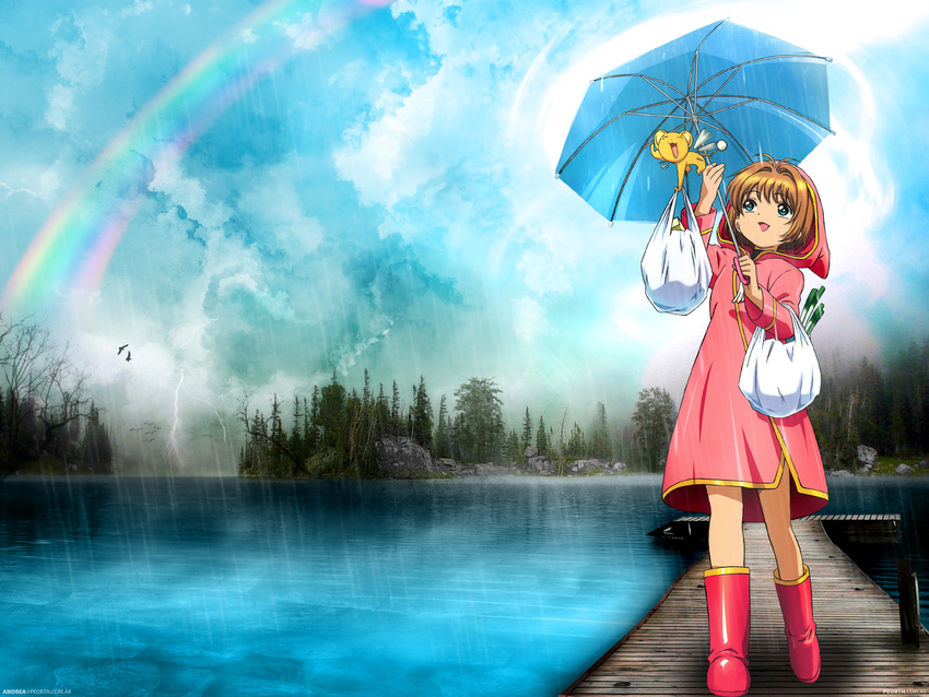card_captor_sakura kero kinomoto_sakura rain umbrella