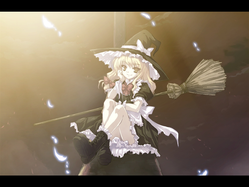 blonde_hair boots broom hat kirisame_marisa long_hair sitting solo tokiame touhou wallpaper witch_hat yellow_eyes