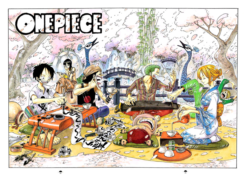 4boys :d ^_^ ^o^ animal bandana bare_shoulders barefoot beak bird black_hair border bridge calligraphy_brush cherry_blossoms closed_eyes collarbone crossed_legs drink food from_side full_body green_hair highres instrument lips lying monkey_d_luffy multiple_boys multiple_girls music nami_(one_piece) nico_robin oda_eiichirou on_back one_piece open_mouth outdoors paintbrush park petals pillow playing_instrument pond pot profile roronoa_zoro sanji seiza shirt sitting skull_and_crossbones sleeping smile t-shirt tony_tony_chopper usopp water