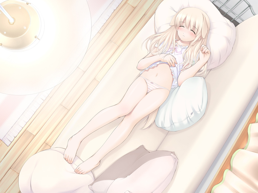 animal_ears barefoot blonde_hair blue_eyes bow bow_panties closed_eyes copyright_request couch dog_ears dress dress_lift flat_chest from_above lingerie long_hair lying midriff nightgown on_back ooji panties pink_panties sleeping solo striped striped_panties underwear