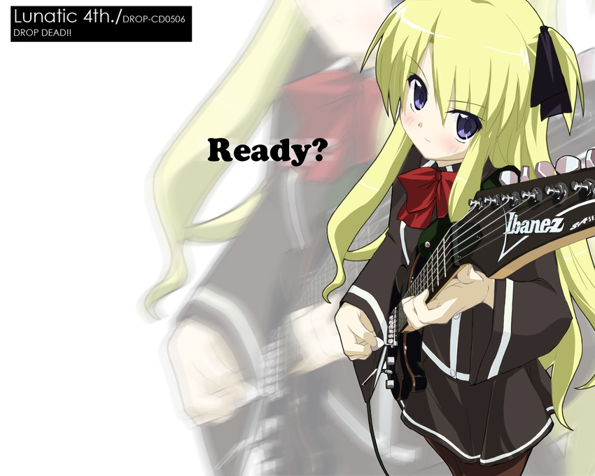 black_skirt blonde_hair blue_eyes brown_legwear electric_guitar guitar ibanez instrument long_hair long_sleeves looking_at_viewer minase_shuu miniskirt music pantyhose playing_instrument plectrum product_placement quiz_magic_academy school_uniform shalon simple_background skirt solo very_long_hair white_background zoom_layer