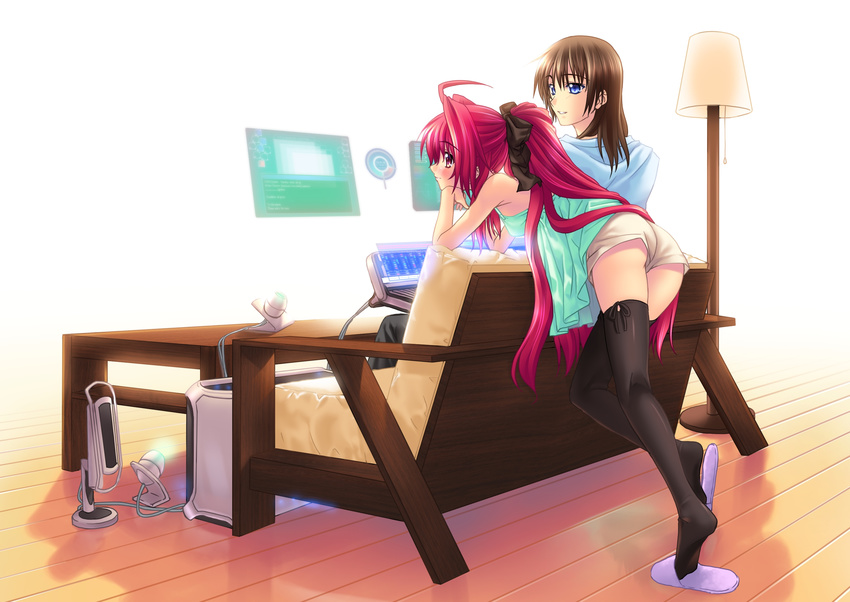 1girl ahoge bow computer corticarte_apa_lagranges couch feet floating_screen hair_bow highres kannatsuki_noboru lamp leaning_forward long_hair red_hair shinkyoku_soukai_polyphonica shorts slippers tatara_phoron thighhighs tiptoes very_long_hair wooden_floor