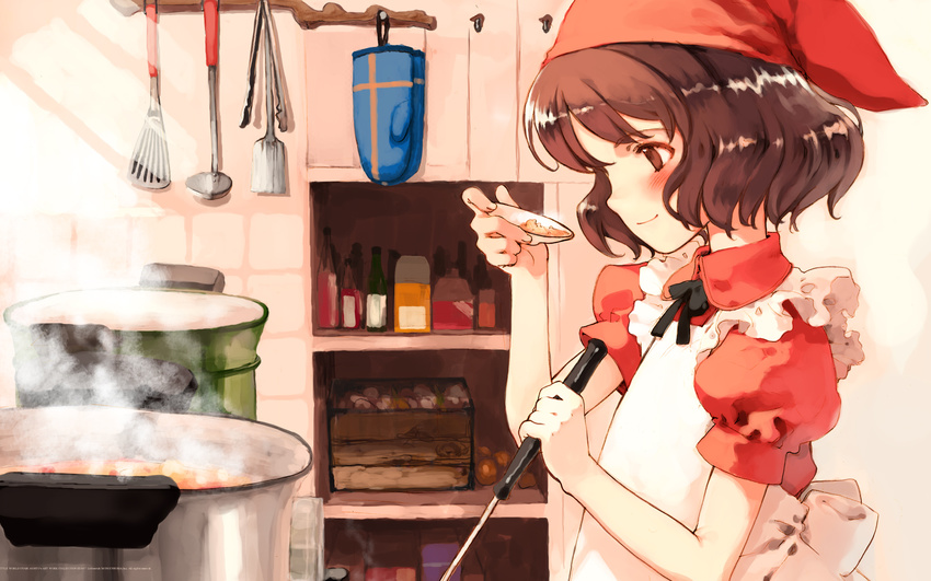 apron bandana blush brown_eyes brown_hair cooking flat_chest food highres kitchen ladle lina_junhers ooyari_ashito quartett! short_hair solo wallpaper whisk widescreen