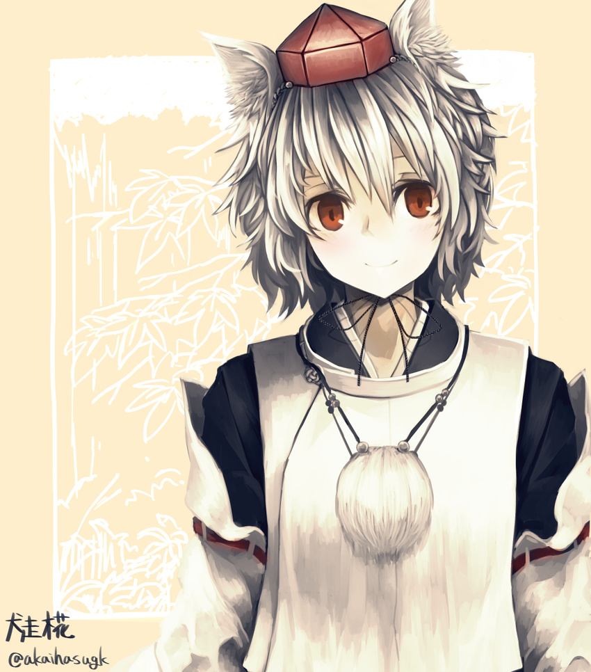 akaiha_(akaihasugk) animal_ears arms_at_sides black_shirt colored_eyelashes detached_sleeves hair_between_eyes hat highres inubashiri_momiji light_smile looking_at_viewer red_eyes shirt short_hair solo tokin_hat touhou turtleneck twitter_username upper_body wolf_ears