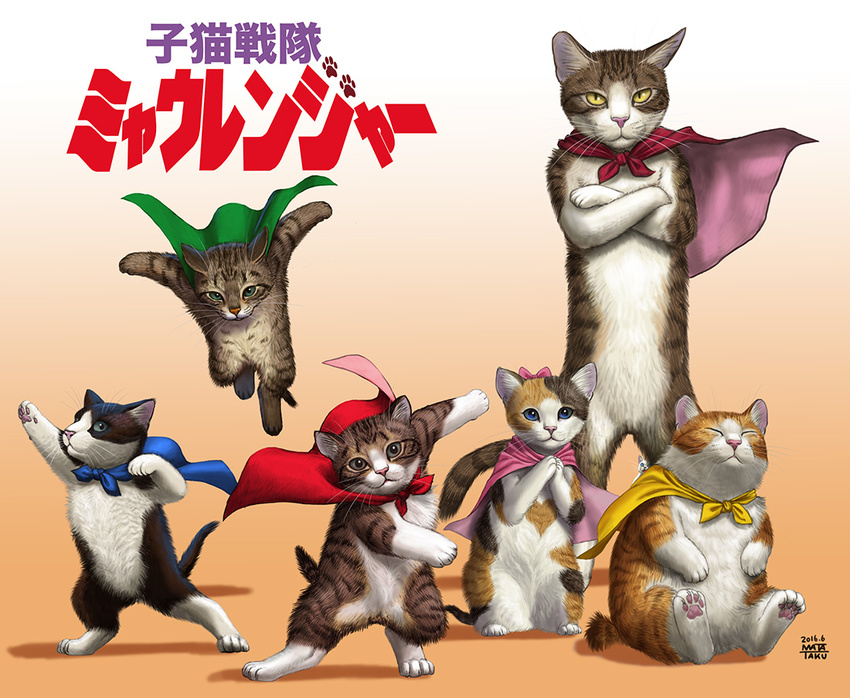cape cat check_translation commentary crossed_arms kitten looking_at_viewer matataku no_humans original parody pose signature sitting standing super_sentai surprised_cat_(matataku) translation_request when_you_see_it