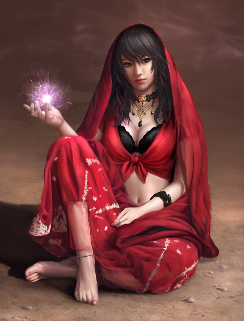 amatchi anklet bad_id bad_pixiv_id bangs barefoot black_bra black_hair bra bracelet breasts brown_eyes choker cleavage commentary_request energy expressionless feet full_body gypsy hands head_tilt highres jewelry knee_up large_breasts long_hair looking_at_viewer magic navel necklace nose original realistic red_shirt rock see-through shirt short_sleeves sitting sitting_on_ground solo stomach tied_shirt toenails toes underwear wavy_hair