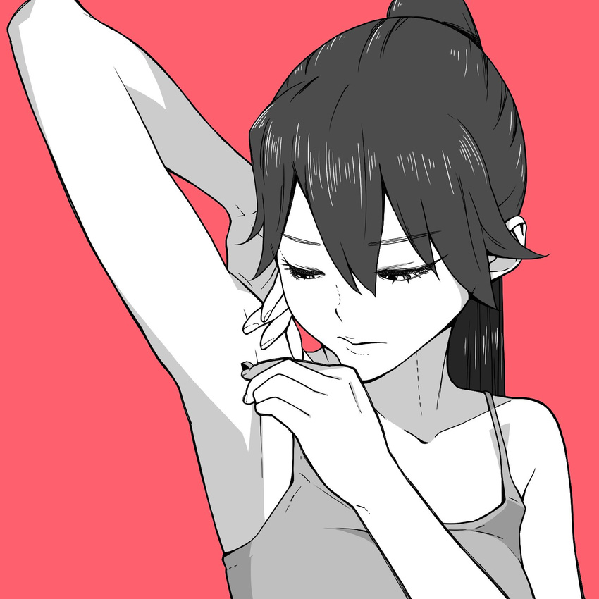 arm_up armpit_hair bangs commentary_request highres houshou_(kantai_collection) kantai_collection long_hair looking_at_hand monochrome ponytail shaving solo spaghetti_strap tank_top tocky tweezers