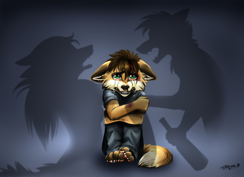 abuse alcohol anthro barefoot beverage blood brown_hair bruised canine child crying cub female food fur green_eyes hair looking_at_viewer male mammal sad shadow simple_background solo tan_fur tatujapa tears unseen_character violence young