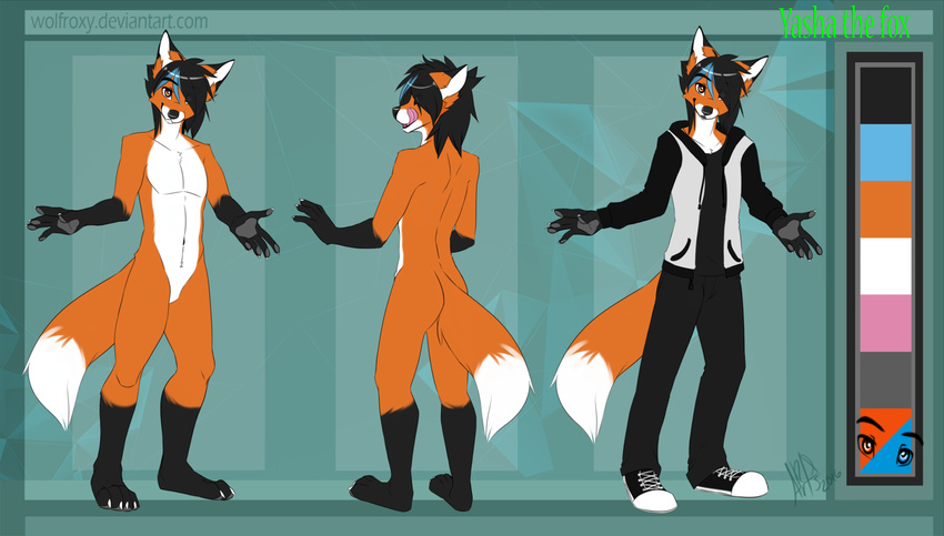 2016 anthro black_fur black_hair blue_eyes blue_hair canine clothed clothing english_text fox fur hair heterochromia hoodie licking licking_lips looking_at_viewer male mammal model_sheet nude off/on orange_eyes orange_fur solo standing text tongue tongue_out white_fur wolflady