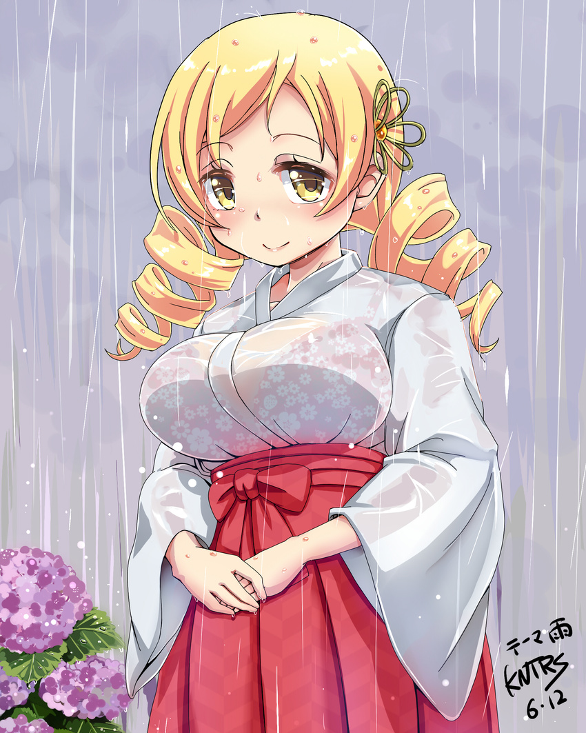 absurdres blonde_hair bra breasts drill_hair floral_print flower frilled_bra frills hair_ornament highres hydrangea japanese_clothes kntrs_(knyrs) large_breasts long_hair looking_at_viewer mahou_shoujo_madoka_magica miko pink_bra print_bra rain see-through smile solo soul_gem tomoe_mami twin_drills twintails underwear wet wet_clothes yellow_eyes