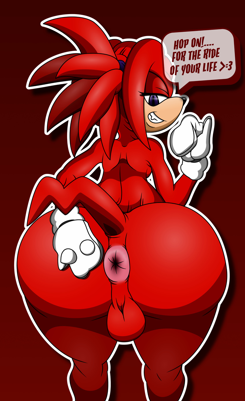 anthro anus backsack balls bedroom_eyes big_balls big_butt breasts butt clothing damian_hodge echidna girly gloves half-closed_eyes huge_butt hyper hyper_anus hyper_butt knuckles_the_echidna male mammal monotreme muscular nude ponytail presenting presenting_anus presenting_hindquarters seductive small_breasts solo sonic_(series) text wide_hips
