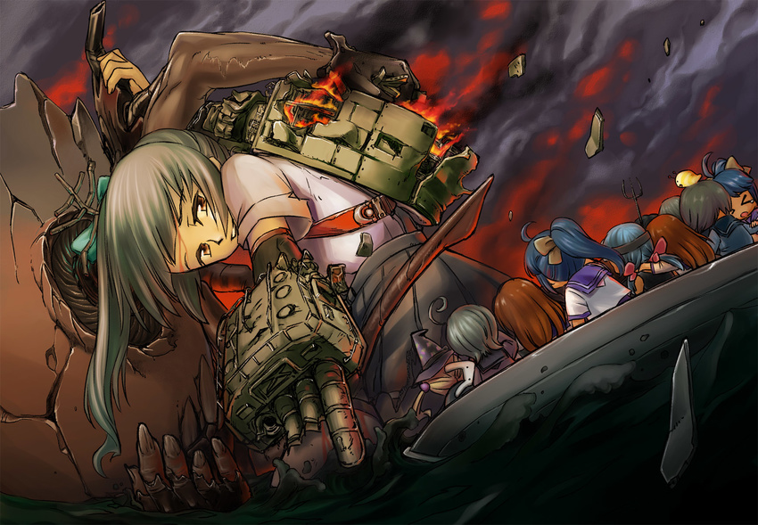 6+girls 61cm_quadruple_(oxygen)_torpedo_mount 61cm_quadruple_torpedo_mount arm_warmers bleeding blood blood_on_face broken broken_weapon crying damaged defeat fairy_(kantai_collection) fire from_below gloves grey_hair hair_ribbon highres hiyoko_(kantai_collection) impaled injury kantai_collection kasumi_(kantai_collection) long_hair looking_back majokko_(kantai_collection) midori_(kantai_collection) minigirl multiple_girls non-web_source nu-class_light_aircraft_carrier open_mouth pleated_skirt rashinban_musume ribbon school_uniform seena serafuku shinkaisei-kan short_sleeves side_ponytail skirt smile smoke solo_focus suspenders tears torn_clothes torn_gloves torn_skirt wading weapon wiping_tears wreckage