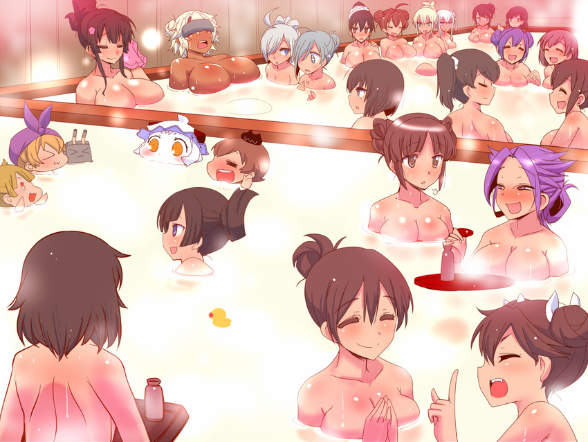 &gt;_&lt; 6+girls :3 =_= ahoge akagi_(kantai_collection) akizuki_(kantai_collection) alternate_hairstyle asashimo_(kantai_collection) bangs bath bathing black_hair blonde_hair blunt_bangs blush breast_envy breasts brown_eyes brown_hair character_request chikuma_(kantai_collection) closed_eyes commentary_request covered_eyes cup dark_skin double_bun enemy_aircraft_(kantai_collection) fangs fusou_(kantai_collection) graf_zeppelin_(kantai_collection) green_eyes green_hair grey_eyes grey_hair grin hair_between_eyes hair_bun hair_ornament hair_ribbon hair_up hands_together hiryuu_(kantai_collection) hiyou_(kantai_collection) horns index_finger_raised iowa_(kantai_collection) jun'you_(kantai_collection) kaga_(kantai_collection) kantai_collection kiyoshimo_(kantai_collection) kongou_(kantai_collection) large_breasts leaning_back multiple_girls musashi_(kantai_collection) nagato_(kantai_collection) northern_ocean_hime nose_blush open_mouth orange_eyes ponytail purple_eyes purple_hair ribbon sakazuki sako_(bosscoffee) shampoo_hat shimakaze_(kantai_collection) shinkaisei-kan side_ponytail sidelocks sitting sitting_on_head sitting_on_person smile souryuu_(kantai_collection) spiked_hair taihou_(kantai_collection) tokkuri tone_(kantai_collection) towel towel_on_head tray wet white_hair x3 yamashiro_(kantai_collection) yamato_(kantai_collection) yukikaze_(kantai_collection) yuudachi_(kantai_collection)