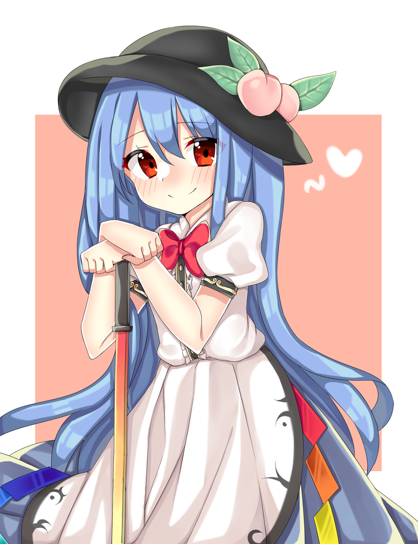 absurdres blue_hair blush bow bowtie cheunes food fruit hat heart highres hinanawi_tenshi leaf long_hair looking_at_viewer lovestruck peach pink_background puffy_short_sleeves puffy_sleeves red_bow red_eyes shirt short_sleeves simple_background skirt smile solo sword_of_hisou touhou