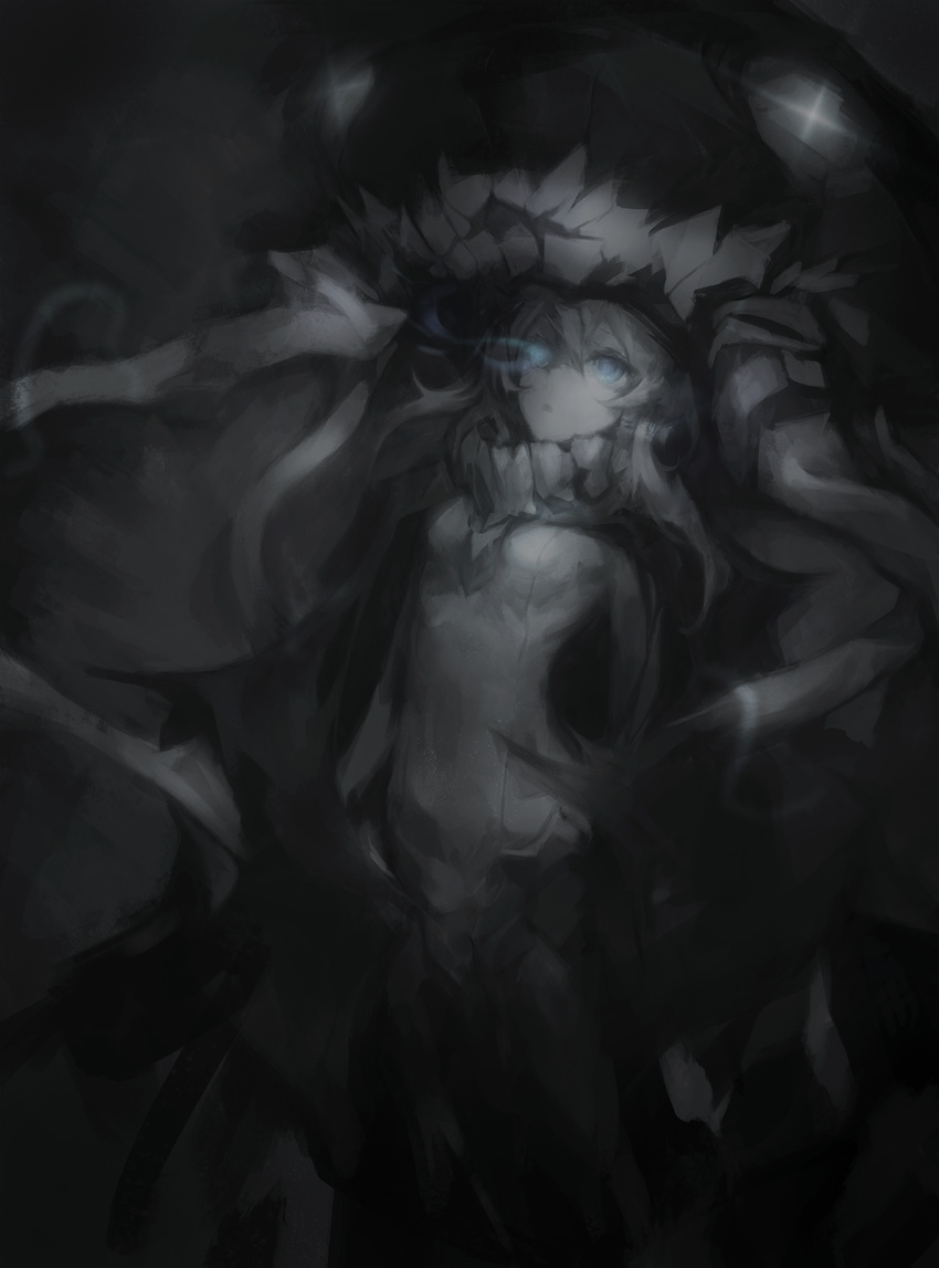bad_id bad_pixiv_id blue_eyes bodysuit glowing glowing_eye grey grey_background gyup headgear highres kantai_collection monochrome open_mouth pale_skin shinkaisei-kan solo tentacles wo-class_aircraft_carrier