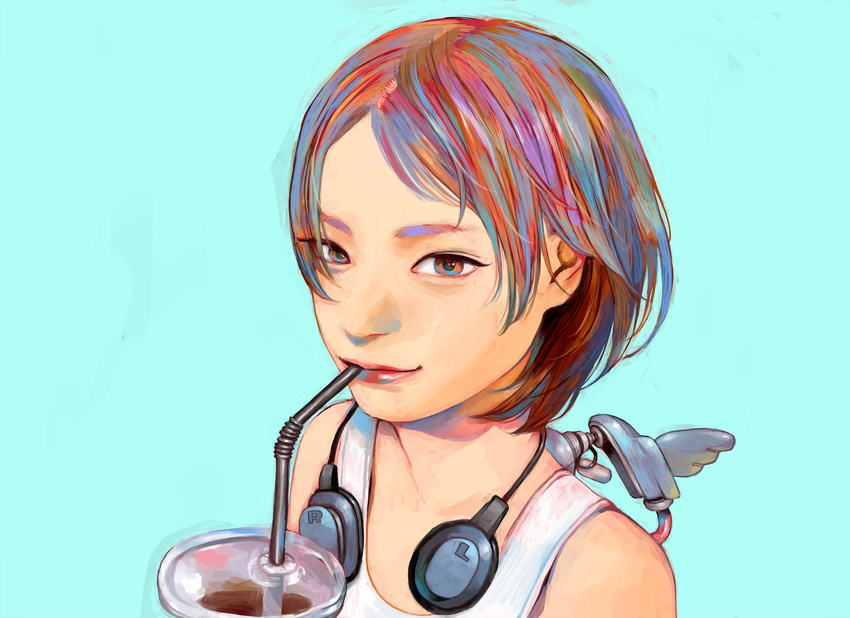 absurdres angel angel_wings bangs blue_background brown_eyes brown_hair coffee cup drink drinking drinking_glass drinking_straw eyebrows forehead glass headphones headphones_around_neck headset highres iced_coffee junjunforever lips looking_at_viewer mecha multicolored multicolored_eyes multicolored_hair original science_fiction short_hair simple_background sleeveless smile solo swept_bangs tank_top wings