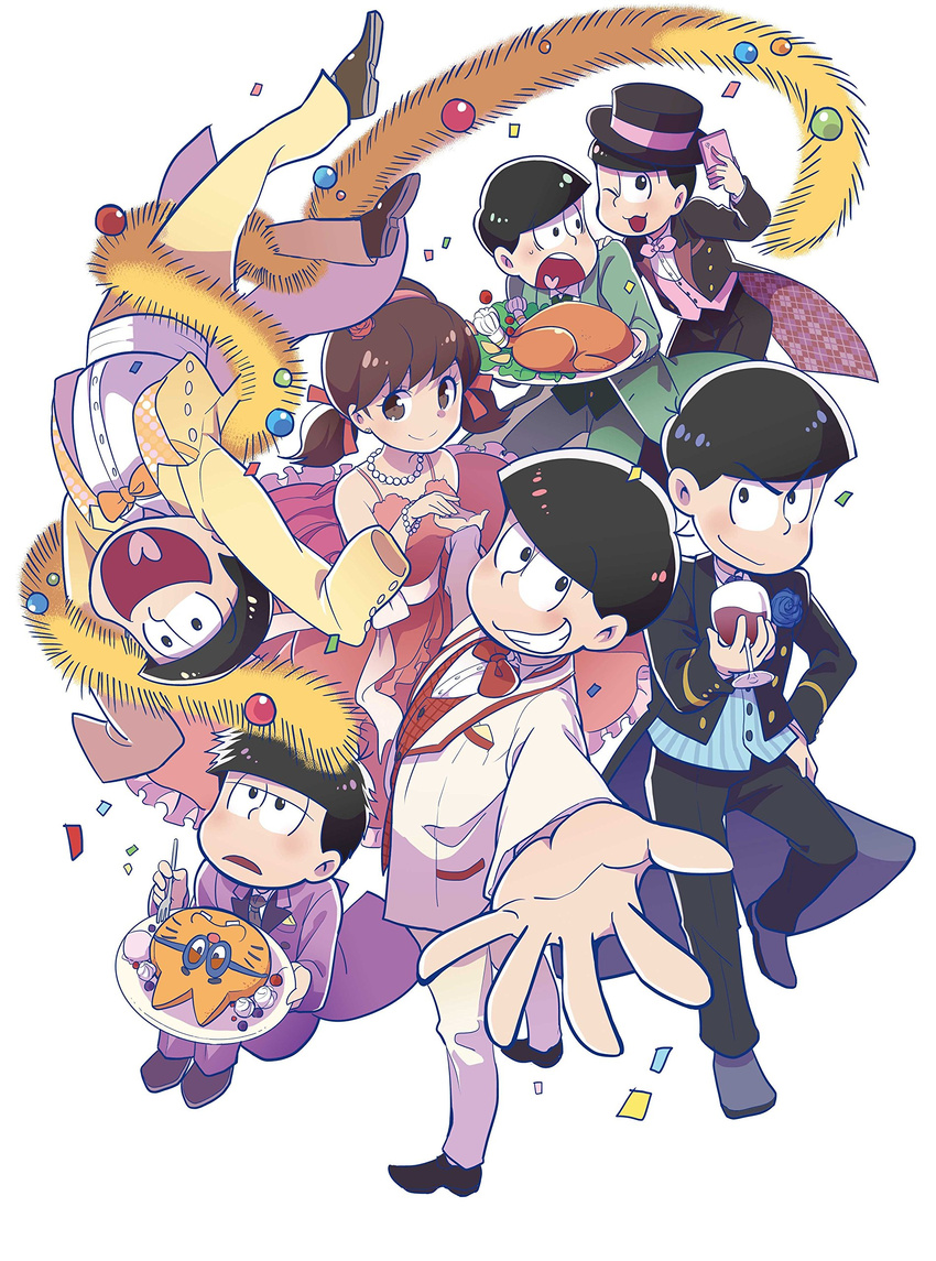 6+boys ;3 absurdres black_hair bow bowl_cut bowtie brothers brown_eyes brown_hair cake coattails confetti cup dress drinking_glass esper_nyanko food formal hairband heart heart_in_mouth highres jewelry jitome looking_at_viewer low_twintails matsuno_choromatsu matsuno_ichimatsu matsuno_juushimatsu matsuno_karamatsu matsuno_osomatsu matsuno_todomatsu messy_hair multiple_boys necklace nozomi_uni osomatsu-kun osomatsu-san outstretched_arm pearl_necklace sextuplets short_twintails siblings simple_background sitting smile suit tinsel turkey_(food) tuxedo twintails white_background wine_glass yowai_totoko