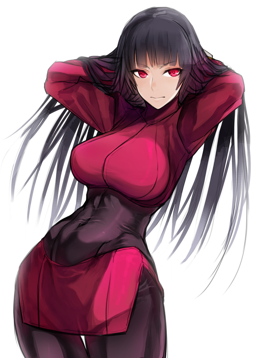 arms_up bangs black_bodysuit black_hair bodysuit breasts closed_mouth contrapposto covered_navel cowboy_shot crop_top eyebrows eyebrows_visible_through_hair hands_in_hair highres large_breasts leaning_back long_hair long_sleeves looking_at_viewer miniskirt natsume_(pokemon) nishiide_kengorou pokemon pokemon_(game) pokemon_rgby red_eyes red_skirt simple_background skin_tight skirt slender_waist solo standing thigh_gap white_background