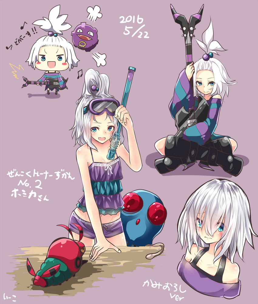 bass_guitar blue_eyes blush boots diving_mask dress e-co gen_1_pokemon gen_5_pokemon gym_leader hair_bobbles hair_down hair_ornament highres homika_(pokemon) instrument koffing multiple_views open_mouth pokemon pokemon_(creature) pokemon_(game) pokemon_bw2 short_dress short_hair smile snorkel striped striped_dress swimsuit tentacool topknot translated venipede white_hair