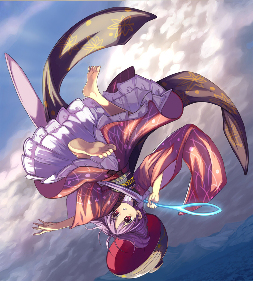 barefoot blue_sky bowl cloud day flying hat highres holding_needle japanese_clothes kimono long_sleeves looking_at_viewer needle obi petticoat purple_hair red_eyes sash shope sky solo sukuna_shinmyoumaru touhou upside-down upskirt wide_sleeves