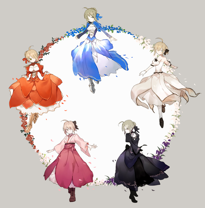 ahoge armored_boots artoria_pendragon_(all) bare_shoulders blonde_hair boots bow braid breasts detached_sleeves dress epaulettes fate/extra fate/stay_night fate/unlimited_codes fate_(series) flower french_braid gothic_lolita green_eyes hair_bow hair_ribbon hakama highres japanese_clothes kimono koha-ace lolita_fashion long_sleeves medium_breasts multiple_girls nero_claudius_(fate) nero_claudius_(fate)_(all) newo_(shinra-p) okita_souji_(fate) okita_souji_(fate)_(all) red_dress ribbon saber saber_alter saber_lily sash short_hair simple_background