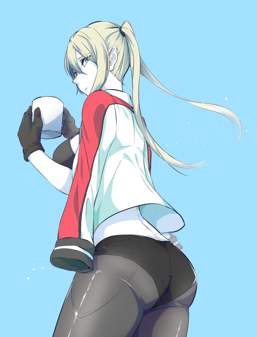 ass black_gloves blonde_hair blue_eyes bra breasts commentary cowboy_shot cup from_below gloves graf_zeppelin_(kantai_collection) hair_between_eyes hat hat_removed headwear_removed highres holding holding_cup jacket_on_shoulders kantai_collection large_breasts long_hair looking_at_viewer mug pantyhose sidelocks simple_background solo takatsuki_nato twintails underwear