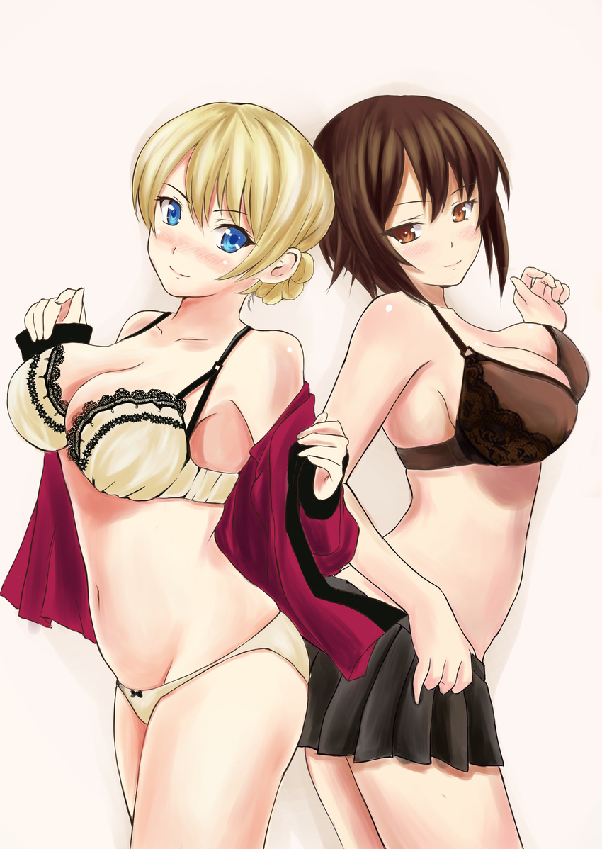 back-to-back bangs black_bow blonde_hair blue_eyes blush bow bow_panties bra braid breasts brown_bra brown_hair cleavage closed_mouth cowboy_shot darjeeling eyebrows eyebrows_visible_through_hair from_side girls_und_panzer groin hair_between_eyes highres jacket lace lace-trimmed_bra large_breasts leaning_to_the_side long_hair long_sleeves looking_at_viewer military military_uniform miniskirt multiple_girls nakonako navel nishizumi_maho no_pants no_shirt off_shoulder open_clothes open_jacket orange_eyes panties pleated_skirt short_hair simple_background skirt smile st._gloriana's_military_uniform stomach underwear undressing uniform white_bra white_panties