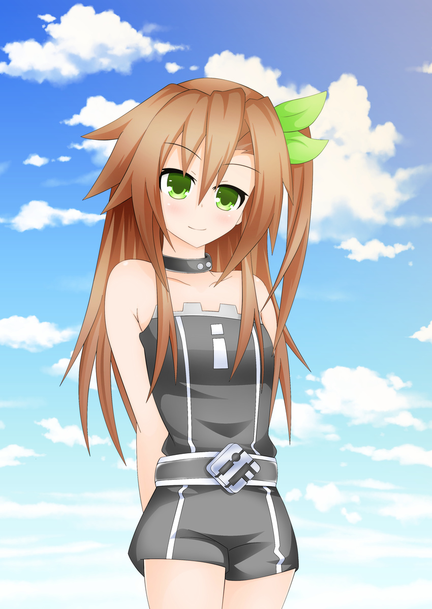 absurdres bare_shoulders bow brown_hair day green_eyes hair_bow hair_ornament highres if_(choujigen_game_neptune) kyou long_hair looking_at_viewer neptune_(series) ribbon side_ponytail sky smile solo