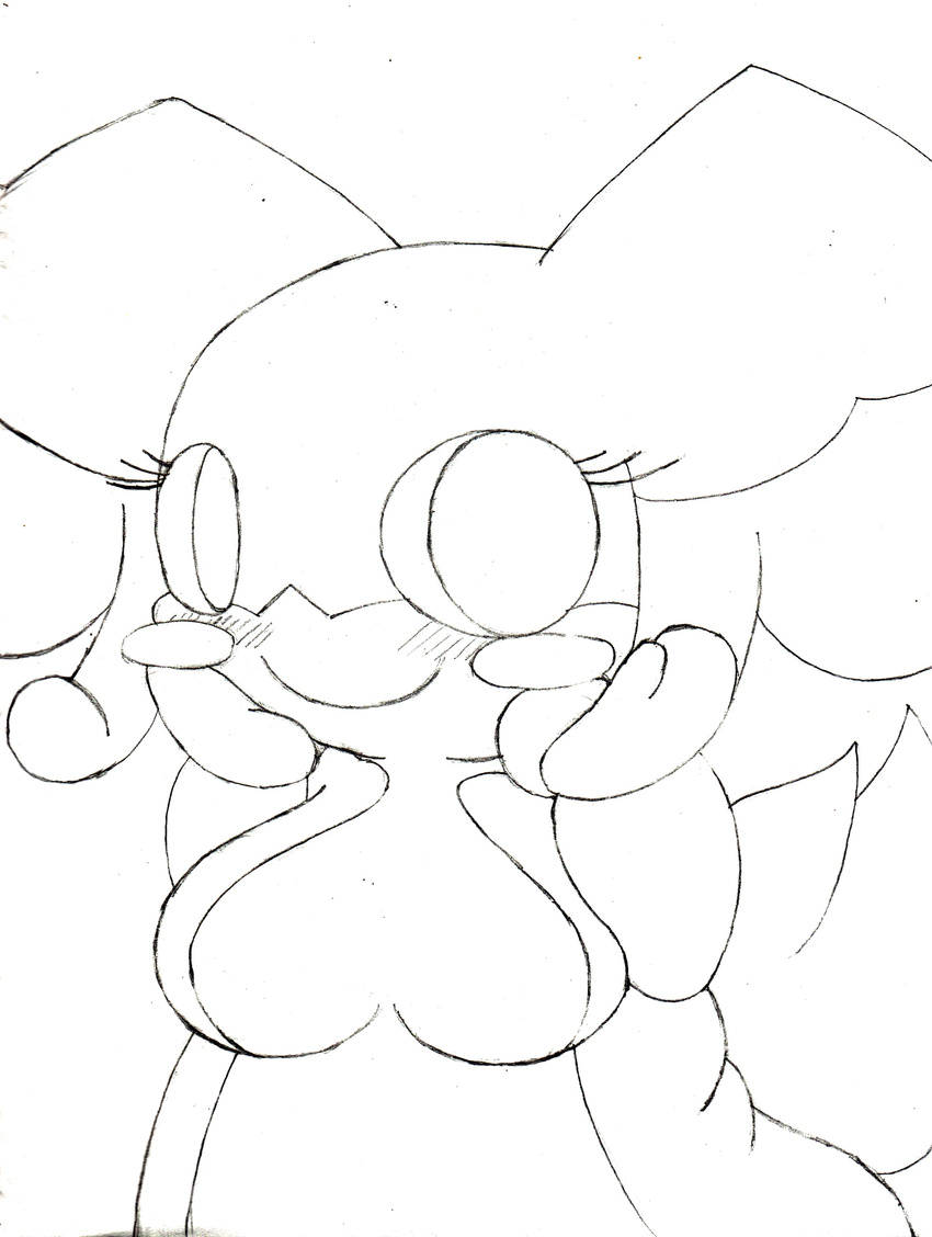 2016 absurd_res audino belly big_belly big_breasts blush blush_sticker breasts cute female fluffy fluffy_tail hands_on_cheeks happy hi_res ilovecosmo long_ears nintendo overweight pok&eacute;mon sketch smile solo traditional_media_(artwork) video_games voluptuous