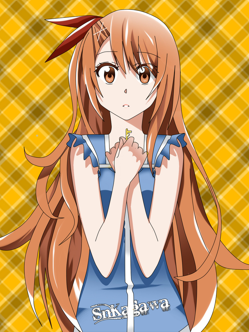 artist_request brown_eyes brown_hair female fusion hair_ornament hairclip highres kirisaki_chitoge long_hair looking_at_viewer nisekoi onodera_kosaki ribbon solo tachibana_marika