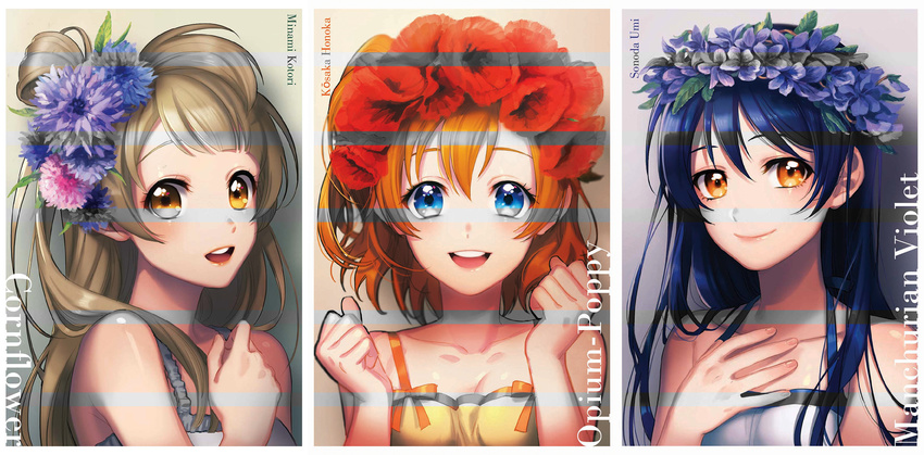 chlfl05 cornflower flower hair_flower hair_ornament head_wreath highres kousaka_honoka long_hair love_live! love_live!_school_idol_project minami_kotori multiple_girls poppy_(flower) short_hair smile sonoda_umi violet_(flower)