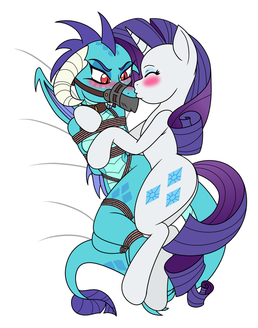 2016 absurd_res alpha_channel bdsm blush bondage bound collar dragon female female/female friendship_is_magic gag hi_res hug kissing my_little_pony princess_ember_(mlp) rarity_(mlp) red_eyes rope rope_bondage ryuseihikari simple_background slit_pupils solo transparent_background