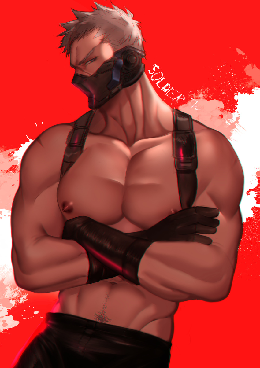 abstract_background absurdres adonis_belt arkaros bara black_gloves character_name collarbone covered_mouth cowboy_shot crossed_arms face_mask gloves grey_hair groin highres looking_at_viewer male_focus mask muscle narrowed_eyes navel_hair nipples overwatch pectorals profile red_background shirtless soldier:_76_(overwatch) solo tan white_hair