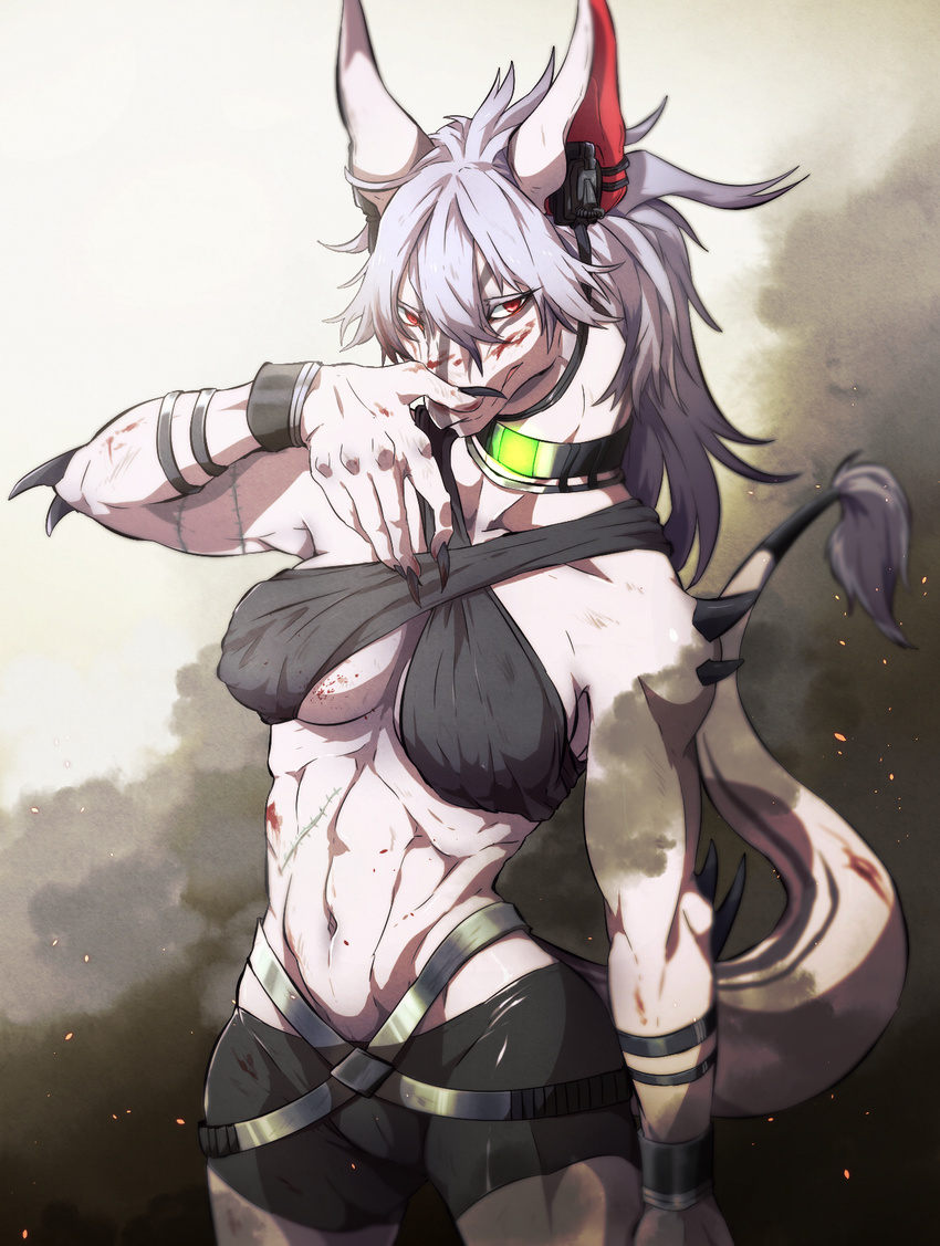 abs blood breasts claws female furry muscle pointy_ears red_eyes silver_hair solo tail takatsuki_nato toned