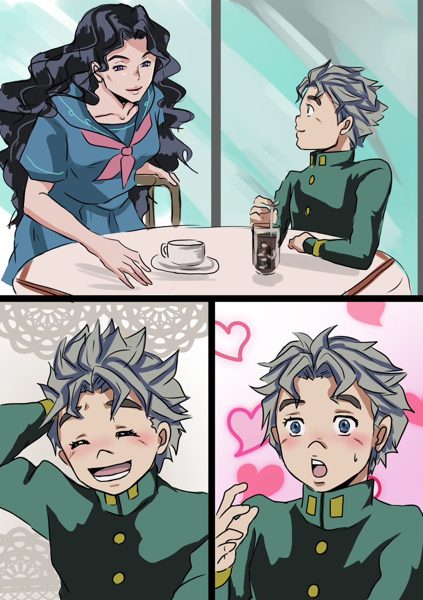 1boy 1girl black_hair blue_eyes blush comic cup drinking_straw eyes_closed gakuran glass grey_hair hand_in_hair hayame_(m_ayame) heart highres hirose_kouichi jojo_no_kimyou_na_bouken lips plate purple_eyes school_uniform serafuku smile sweatdrop table teacup wavy_hair yamagishi_yukako