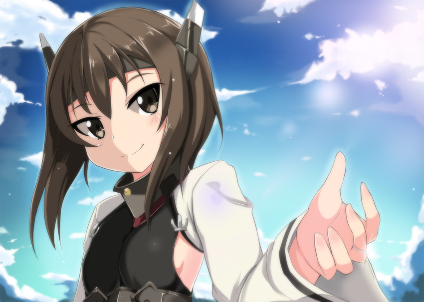anchor bangs bin1998 blue_sky breasts brown_eyes brown_hair cloud collar corset day hair_between_eyes headband headgear jewelry kantai_collection long_sleeves outstretched_hand ring short_hair sideboob sky small_breasts smile solo sunlight taihou_(kantai_collection) upper_body wedding_band