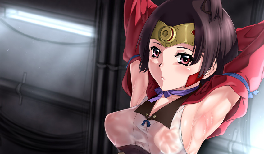 armpits arms_up bad_id bad_pixiv_id bangs blush breasts brown_hair choker covered_nipples headband japanese_clothes koutetsujou_no_kabaneri long_sleeves looking_at_viewer medium_breasts mumei_(kabaneri) red_eyes ribbon ribbon_choker short_hair shoujo_donburi solo sweat