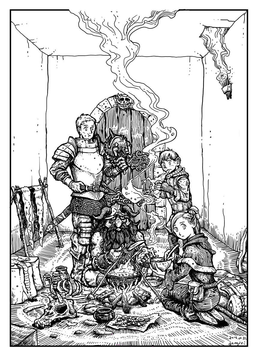 armor artist_name backpack backpack_removed bag border bowl chilchuck cooking dated donguri_(gigldfier) door dungeon_meshi eating facial_hair fighting_fantasy fire firewood flame greyscale helm helmet highres horned_helmet jar knife laios_(dungeon_meshi) long_hair looking_at_viewer looking_back marcille monochrome multiple_boys parody pointy_ears porch pot russ_nicholson_(style) scarf seiza senshi_(dungeon_meshi) short_hair signature sitting skewer smoke spoon style_parody sword torch weapon