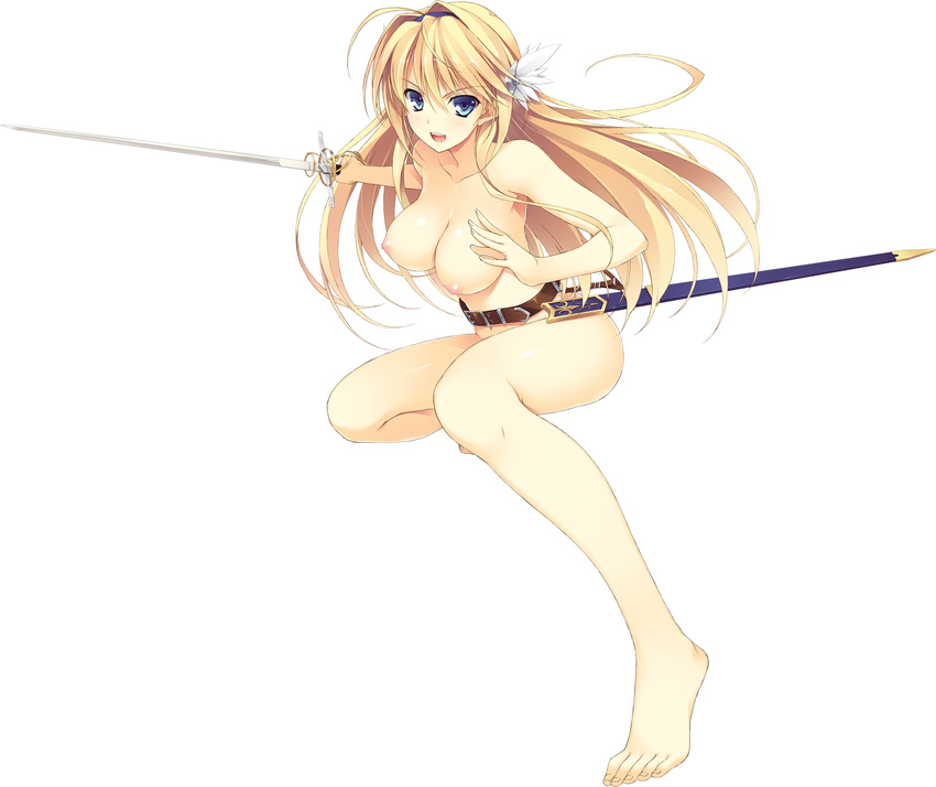 absurdres blonde_hair breasts elcia_harvence highres koikishi_purely_kiss large_breasts long_sword nude simple_background smile solo sword weapon white_background yuuki_hagure