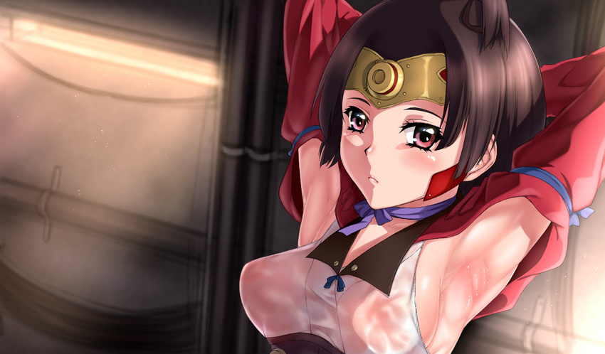 armpits arms_up bad_id bad_pixiv_id bangs blush breasts brown_hair choker covered_nipples headband japanese_clothes koutetsujou_no_kabaneri long_sleeves looking_at_viewer medium_breasts mumei_(kabaneri) red_eyes ribbon ribbon_choker short_hair shoujo_donburi solo sweat